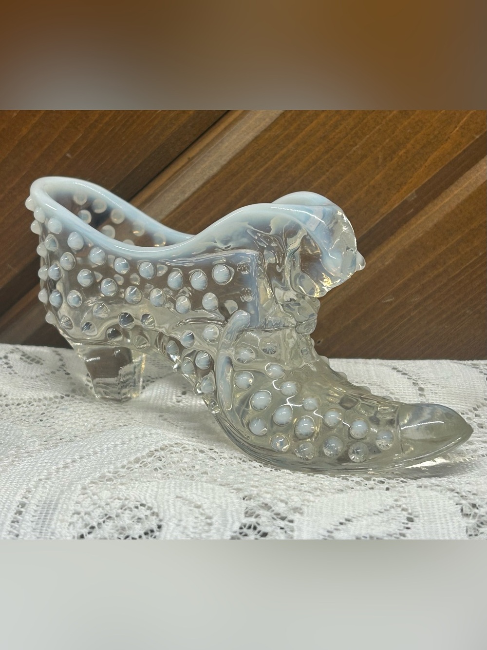 Vintage Fenton Moonstone Hobnail Opalescent Cat Head Glass Slipper